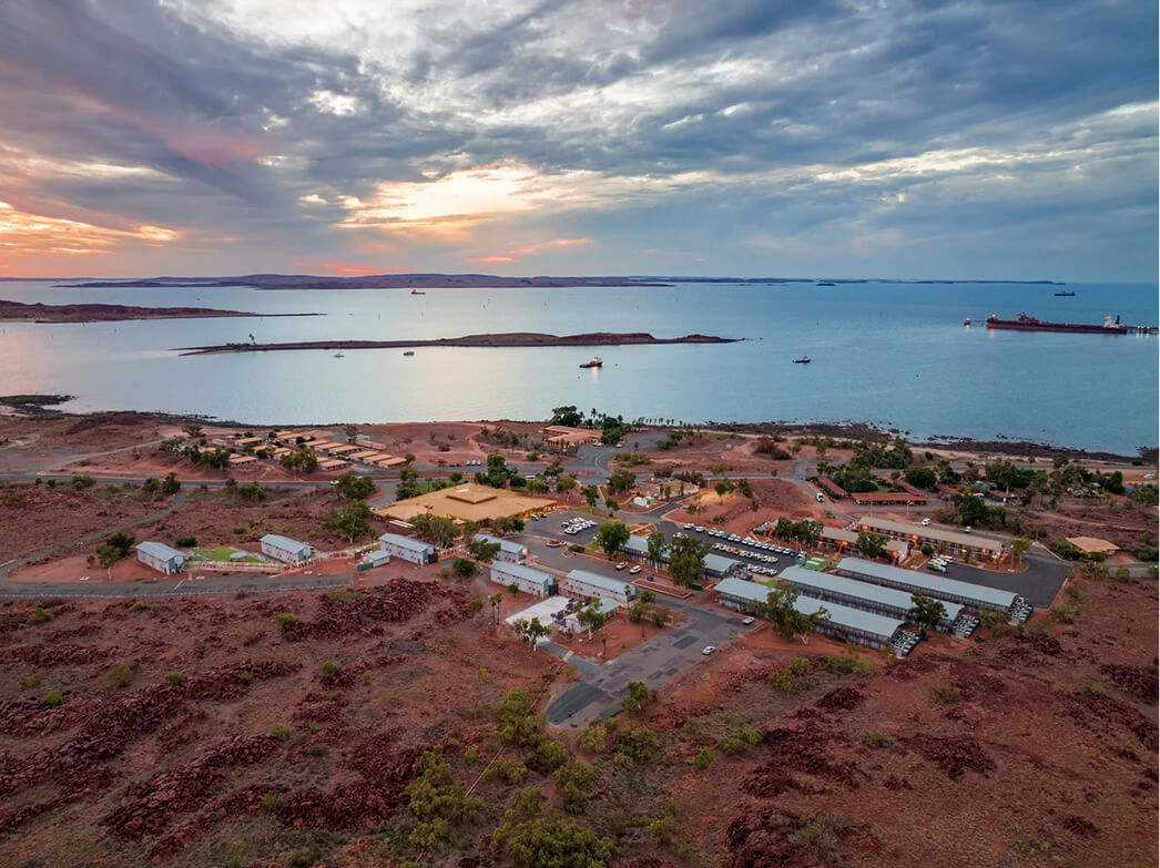 An aerial view of a coastal location